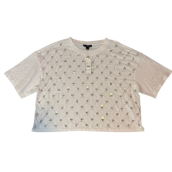 NWT J.Crew White Sequin Cropped Cotton Tee Shirt Size L - Picture 3 of 7